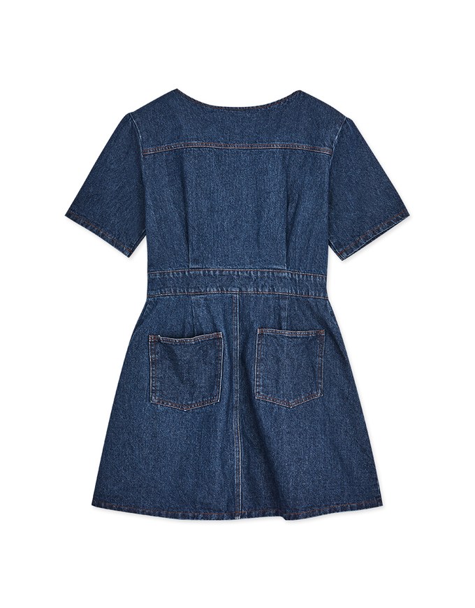V Neck Denim Flare Mini Dress