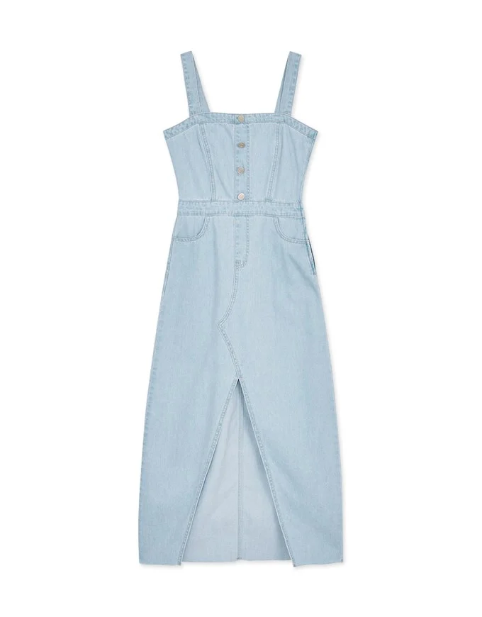 2Way Drawstring Slit Denim Long Dress