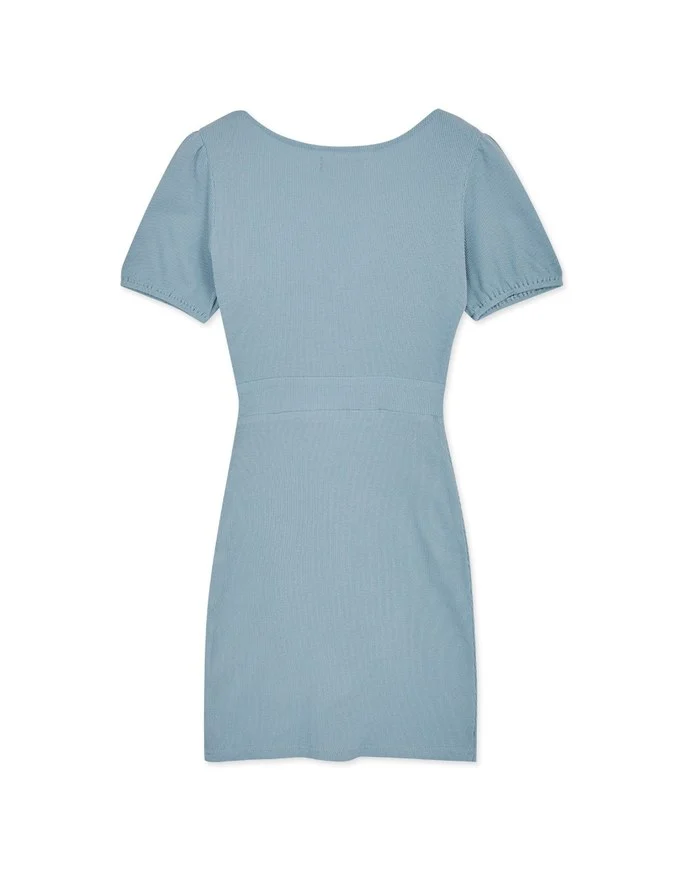 Heart Neck Puff Sleeves Shirred Mini Dress