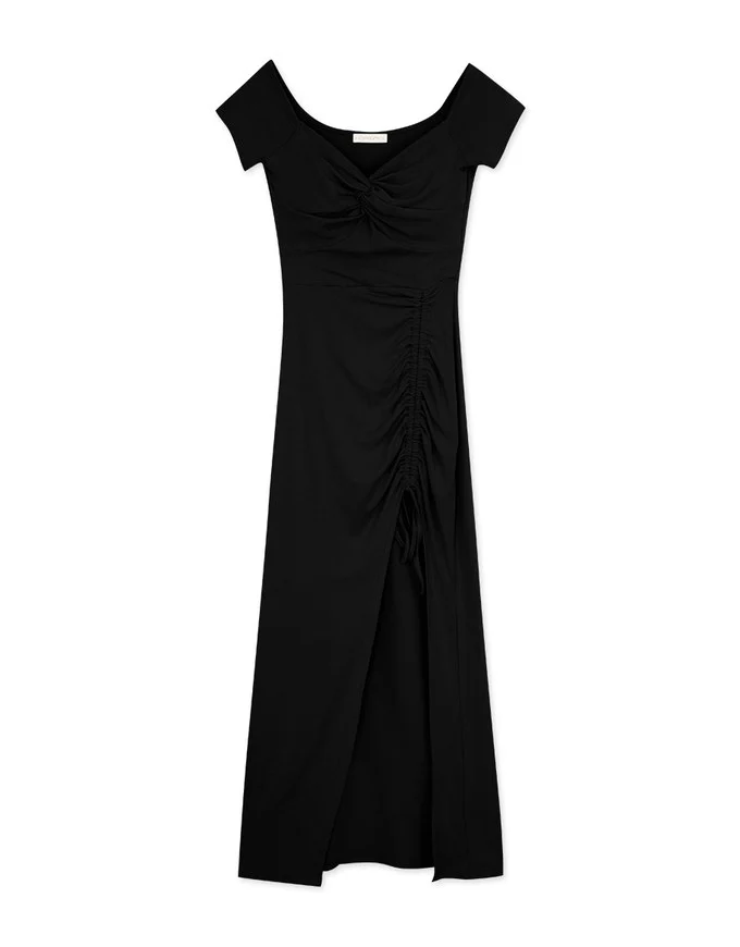 Flat Knotted Drawstring Slit Long Dress (With Padding)