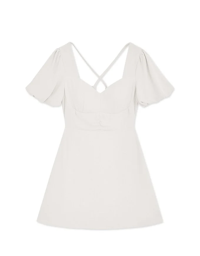 Peach Heart Neck Puffed Sleeves Strap Mini Dress (With Chest Pad)