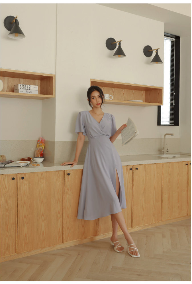 Elegant Diagonal Button Slit Maxi Dress