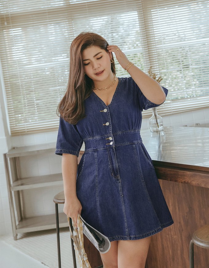 Classic V-Neck Button-Down Denim Dress