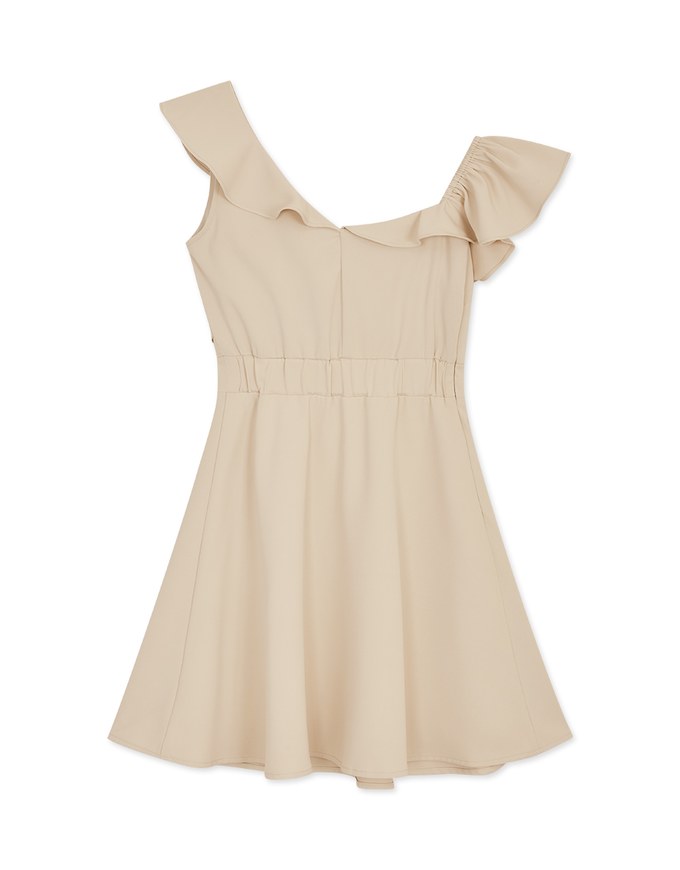 Slanted Shoulder Lotus Leaf Mini Dress