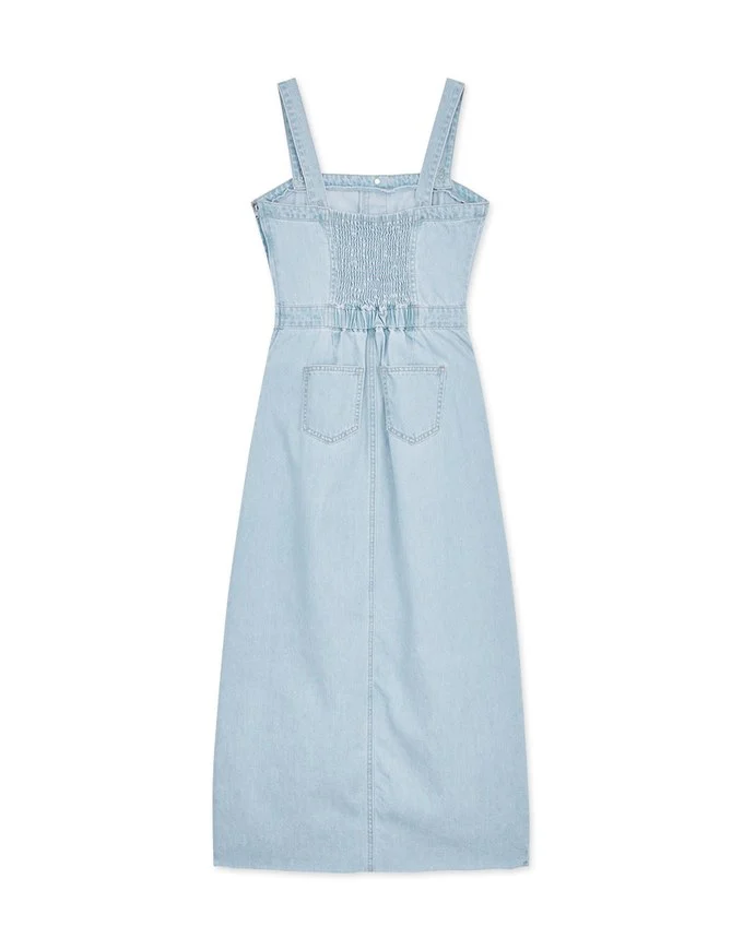 2Way Drawstring Slit Denim Long Dress