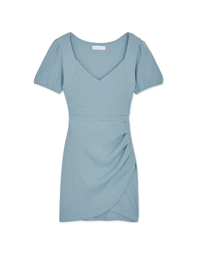 Heart Neck Puff Sleeves Shirred Mini Dress