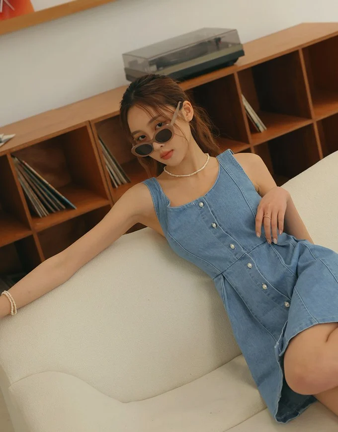 Button Breasted Denim Tank Mini Dress