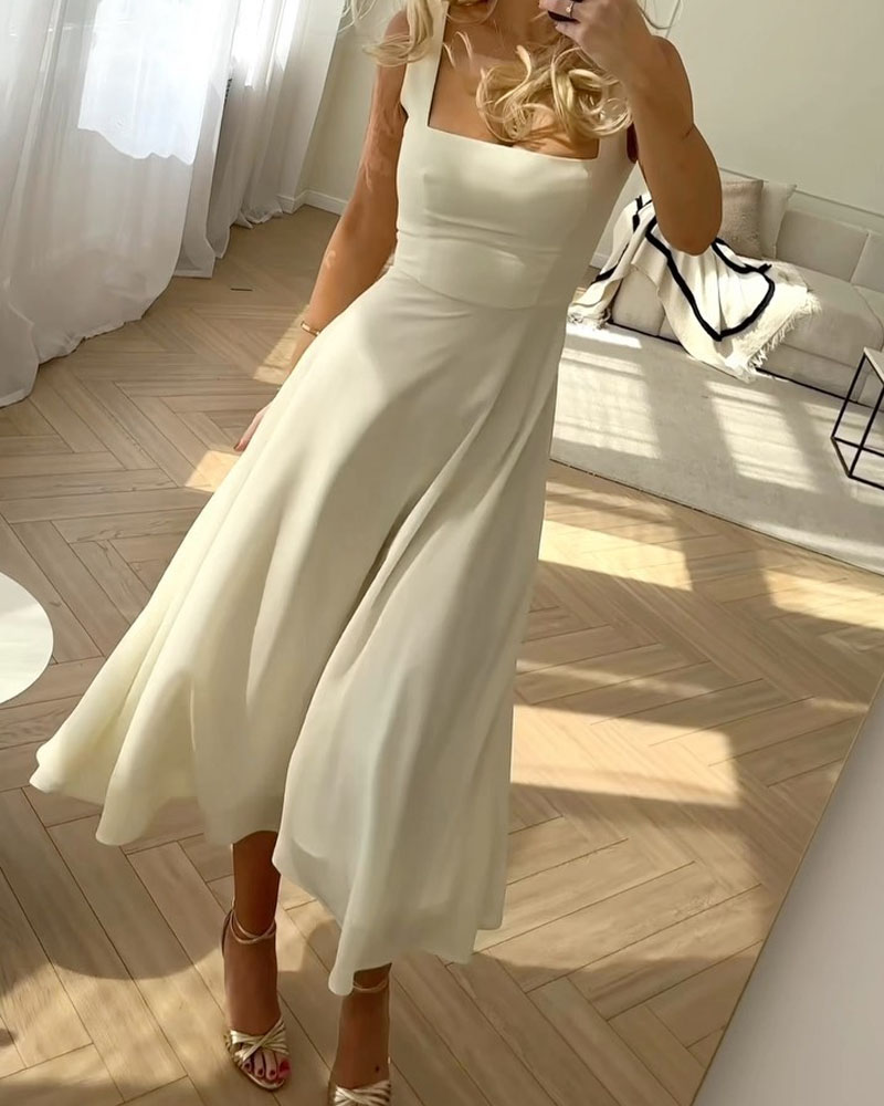 Elegant Solid Square Neck Chiffon Dress