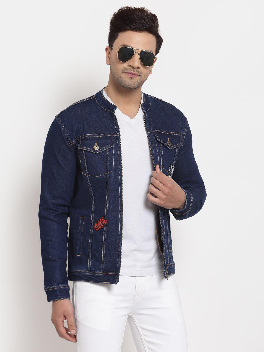 Style Quotient Men Blue Washed Denim Jacket with Patchwork