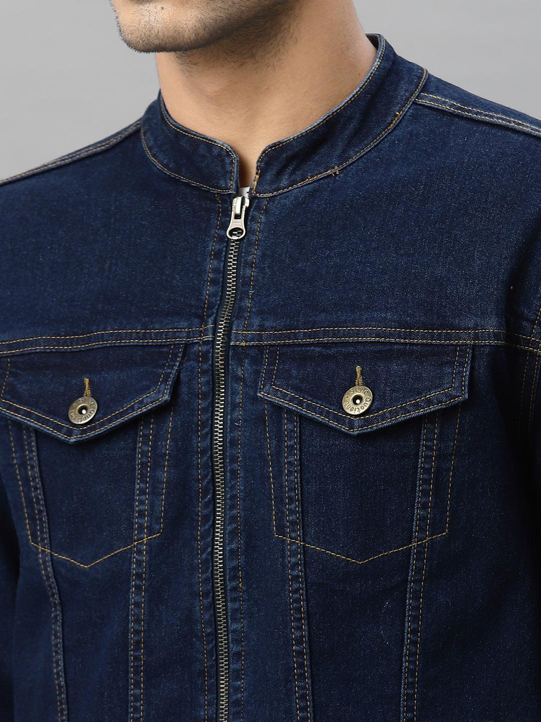 Style Quotient Men Blue Washed Denim Jacket with Embroidered