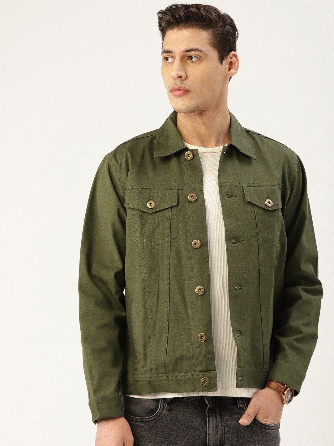 Men Olive Green Solid Denim Jacket
