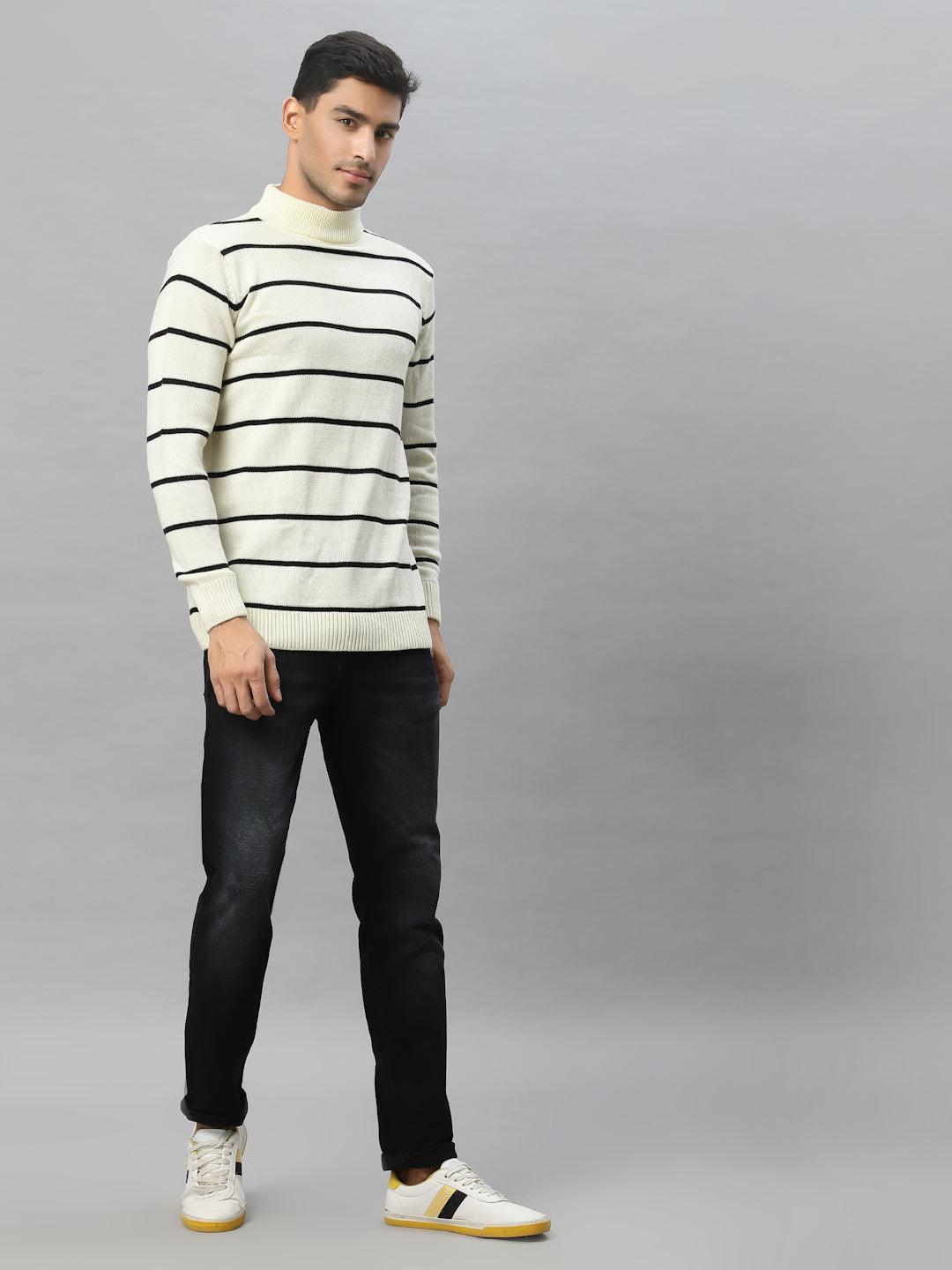 Style Quotient Men Off White & Black Striped Sweater Vest