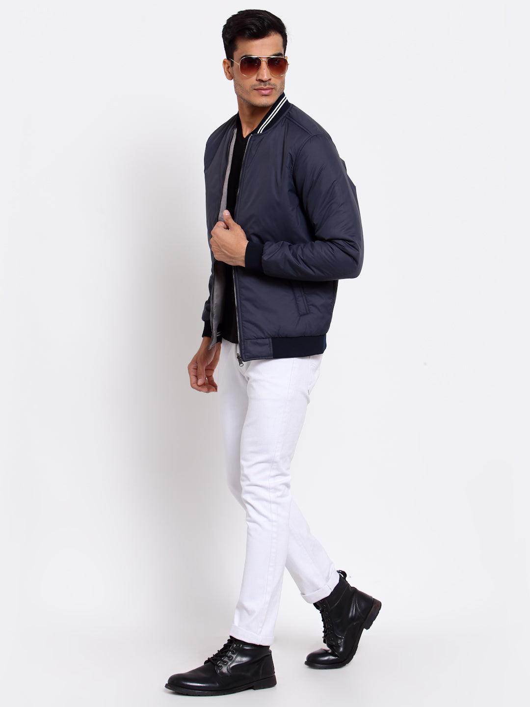 Men Navy Blue Reversible Bomber Jacket