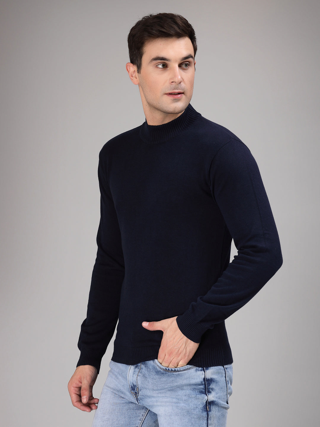 Style Quotient Men Solid Navy Knitted Regular Sweater