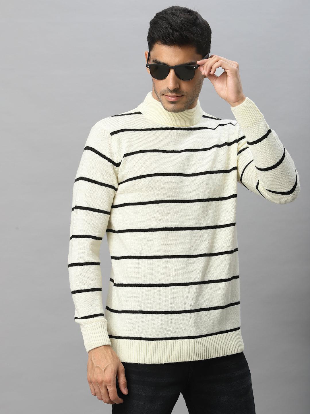 Style Quotient Men Off White & Black Striped Sweater Vest