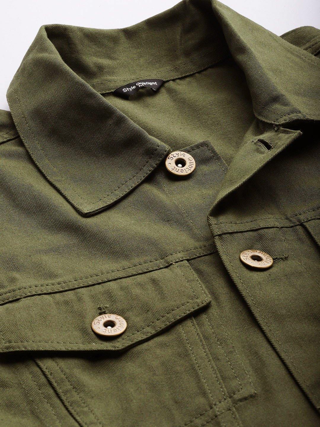 Men Olive Green Solid Denim Jacket