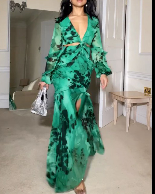 Long-sleeved cutout tie-dye print dress