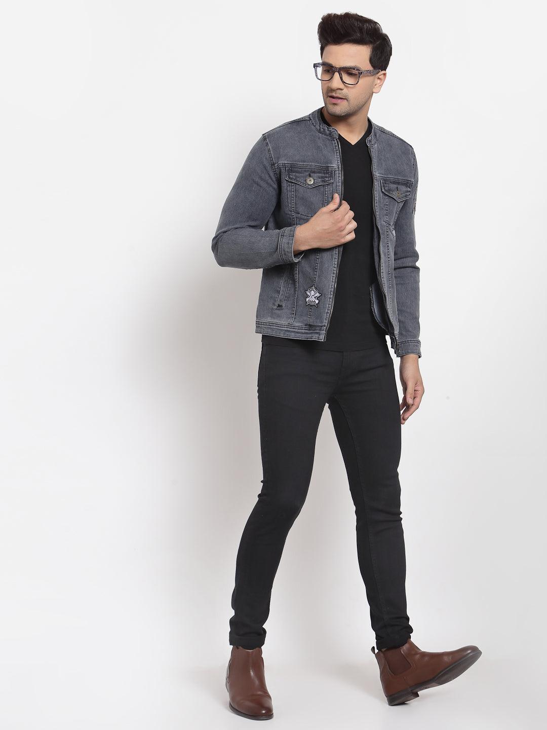 Style Quotient Men Grey Washed Denim Jacket with Embroidered