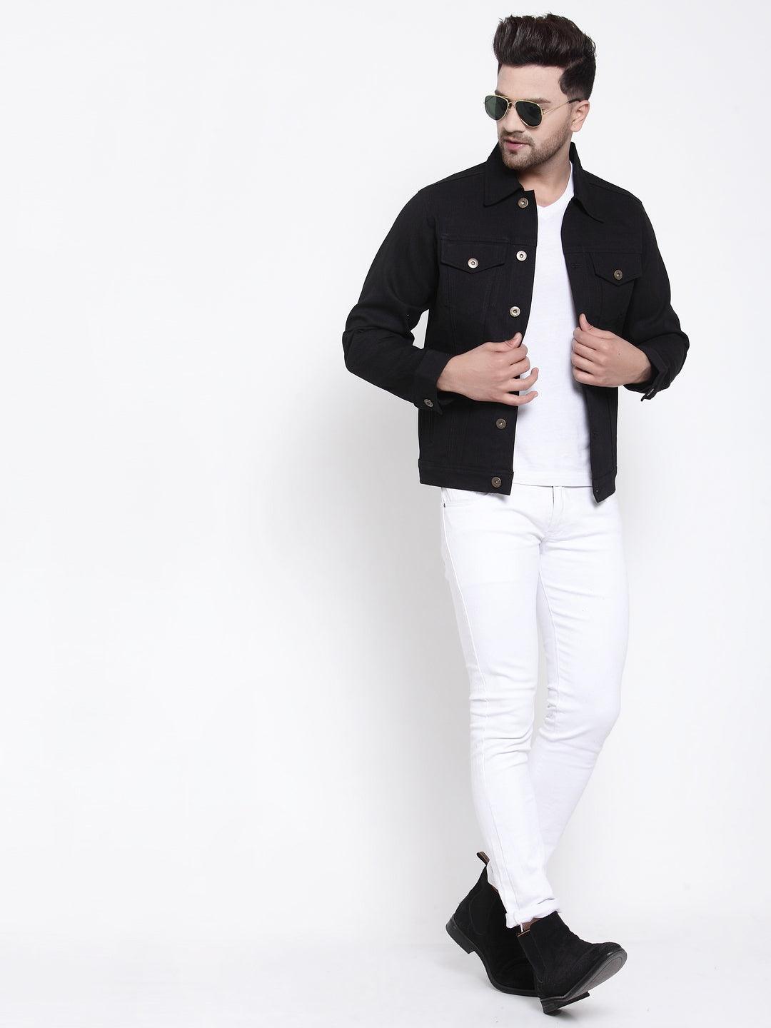 Mens Black Solid Denim Jacket