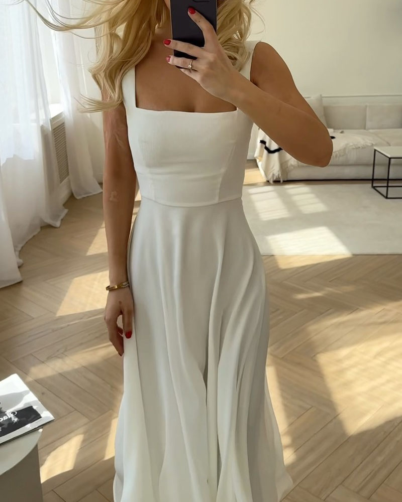 Elegant Solid Square Neck Chiffon Dress