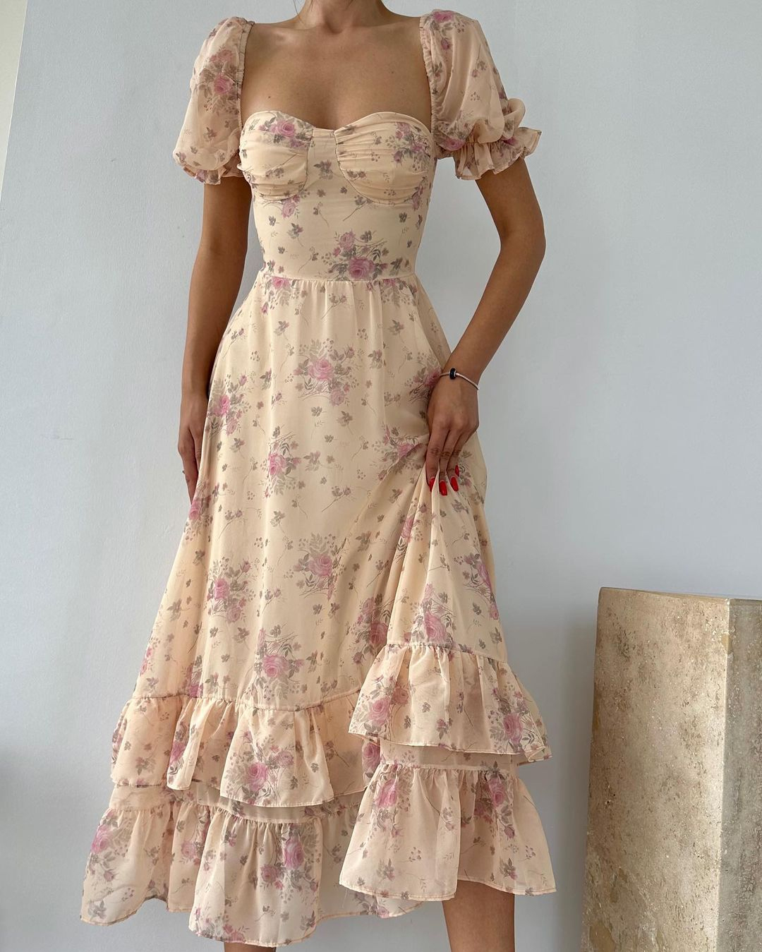 Puff Sleeve Printed Waist Dress