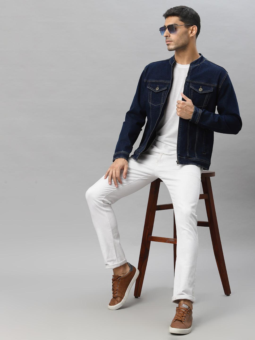 Style Quotient Men Blue Washed Denim Jacket with Embroidered