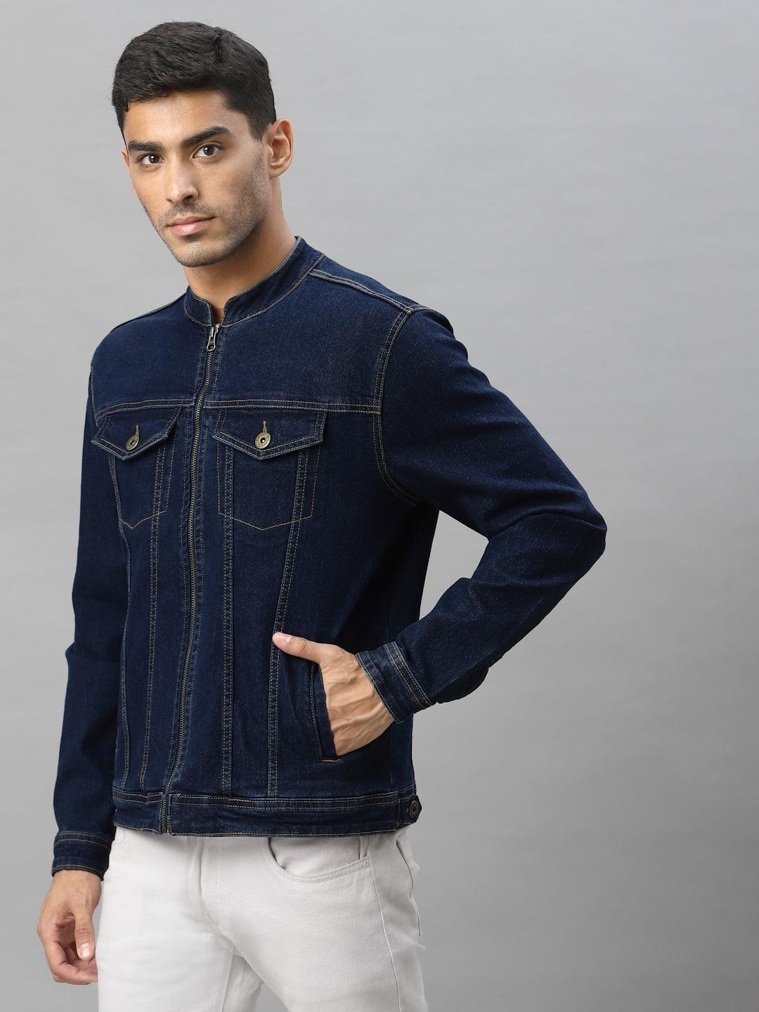 Style Quotient Men Blue Washed Denim Jacket with Embroidered