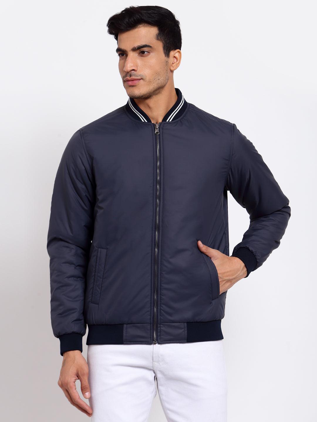 Men Navy Blue Reversible Bomber Jacket