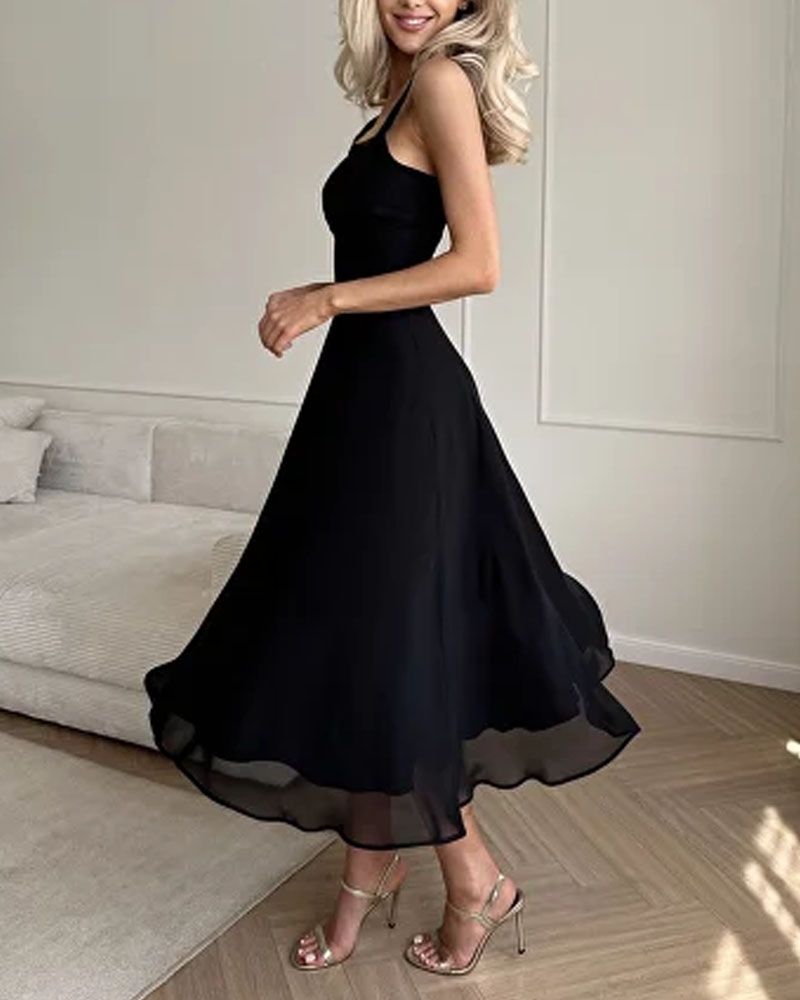 Elegant Solid Square Neck Chiffon Dress