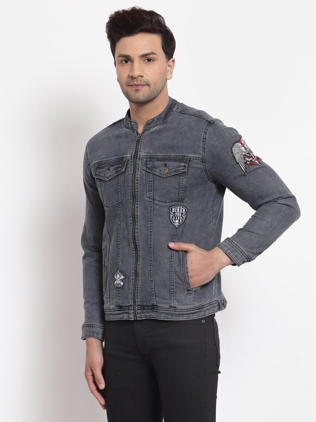 Style Quotient Men Grey Washed Denim Jacket with Embroidered
