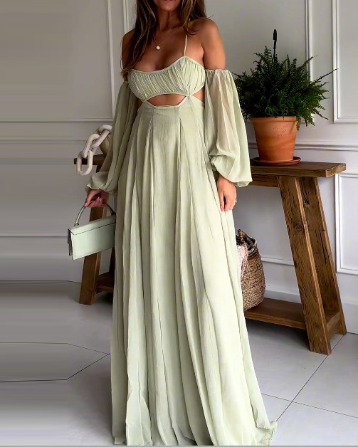 One shoulder hollow solid color dress