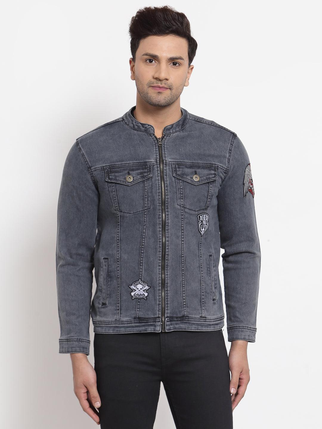 Style Quotient Men Grey Washed Denim Jacket with Embroidered