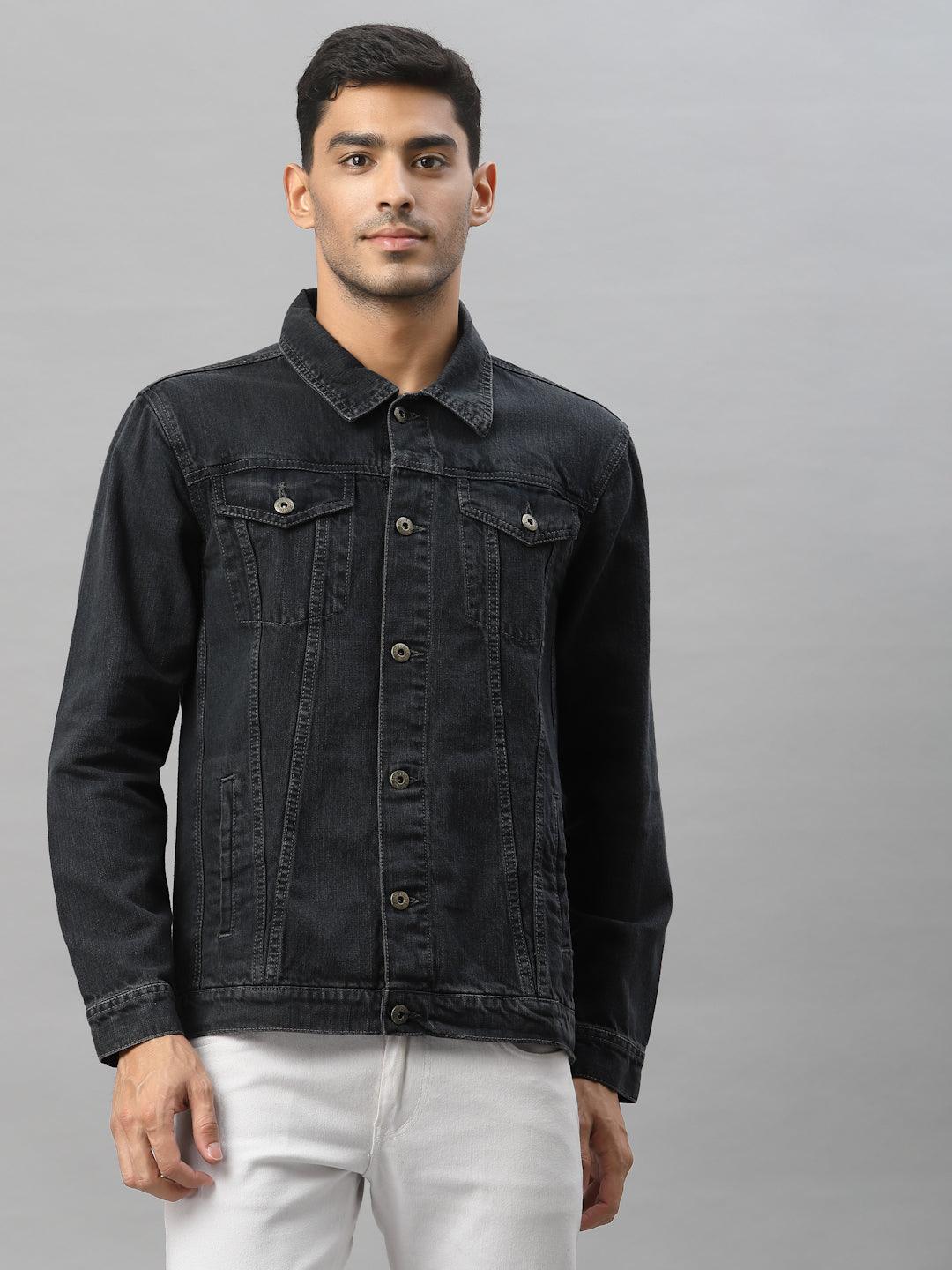Style Quotient Men Grey Washed Lightweight Denim Jacket with Patchwork
