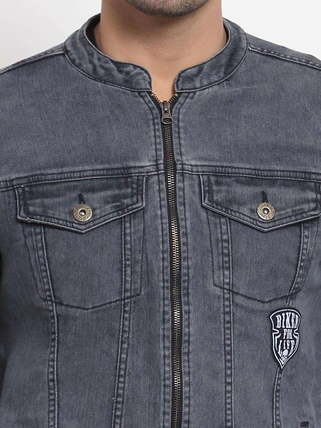 Style Quotient Men Grey Washed Denim Jacket with Embroidered