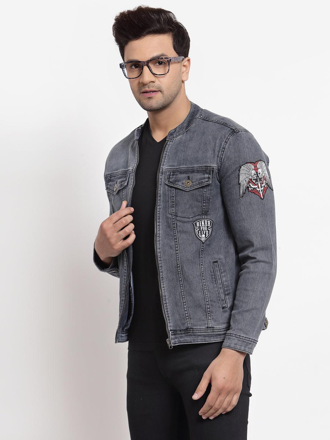 Style Quotient Men Grey Washed Denim Jacket with Embroidered