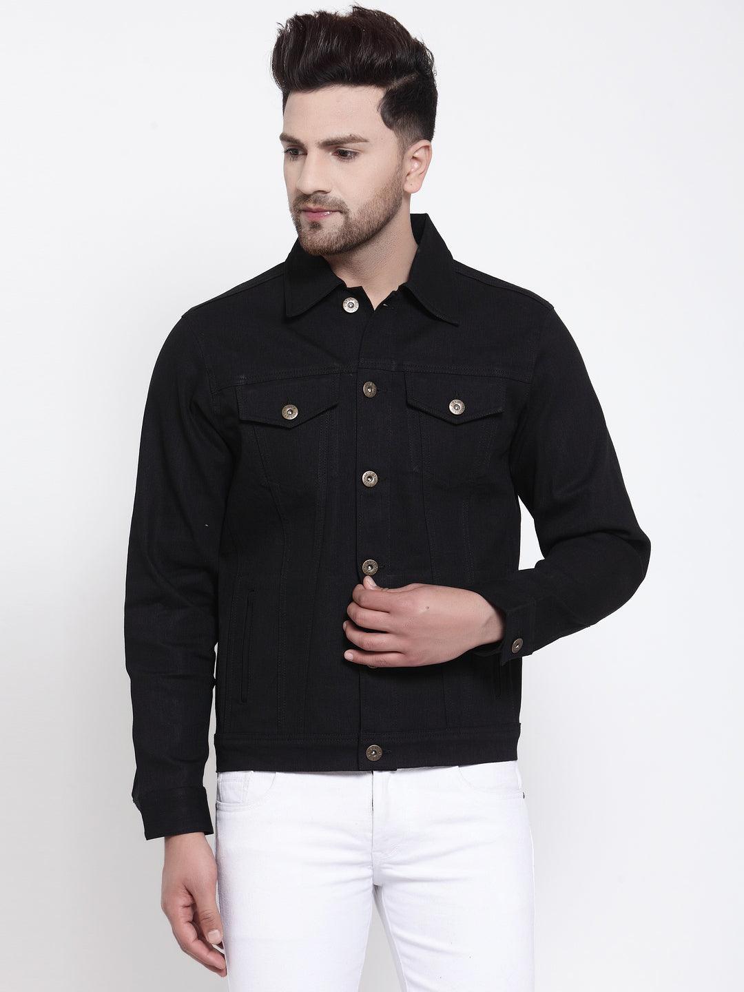 Mens Black Solid Denim Jacket