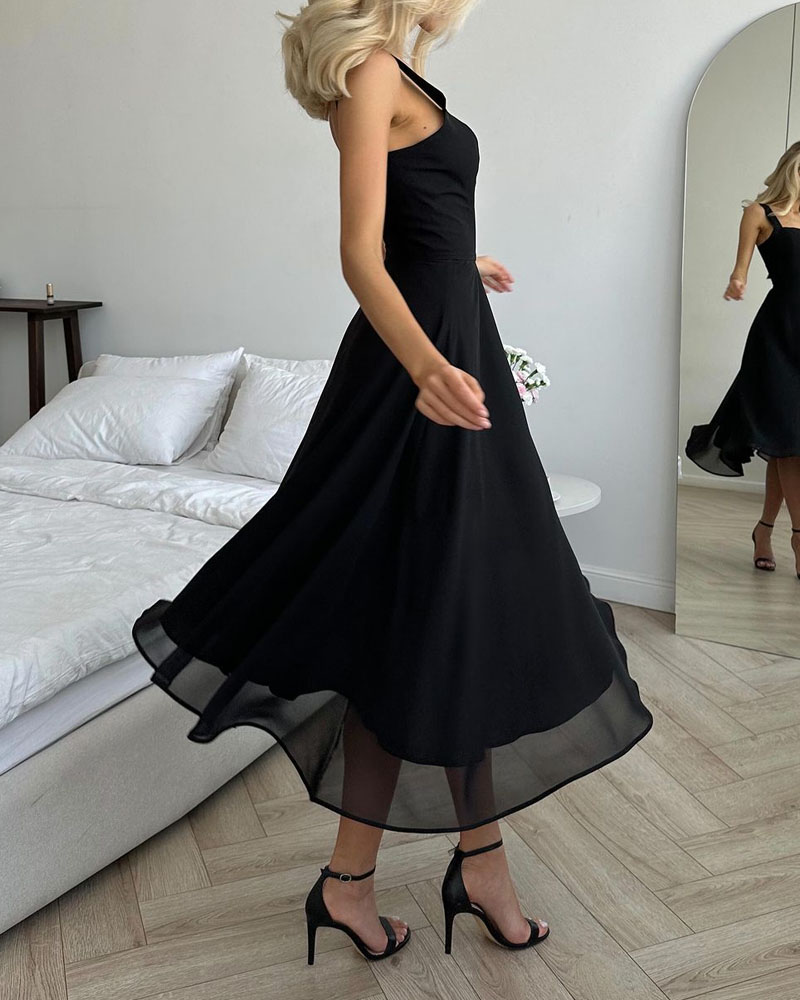 Elegant Solid Square Neck Chiffon Dress