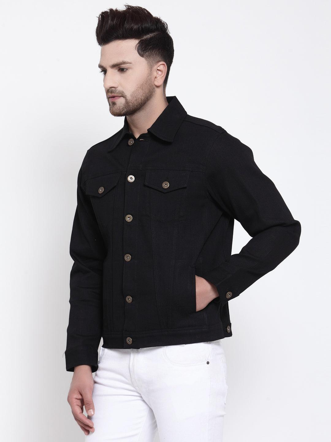 Mens Black Solid Denim Jacket