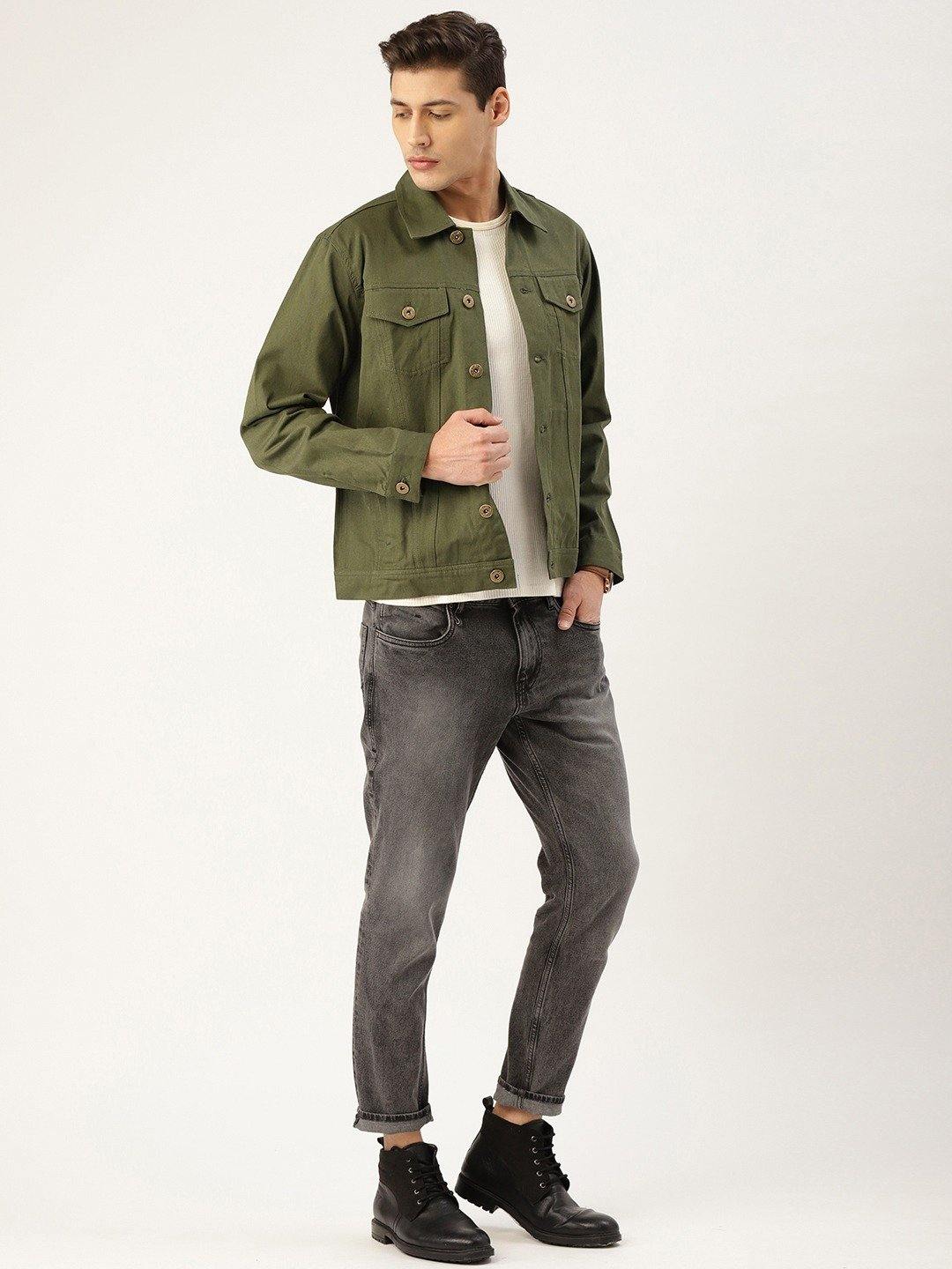 Men Olive Green Solid Denim Jacket