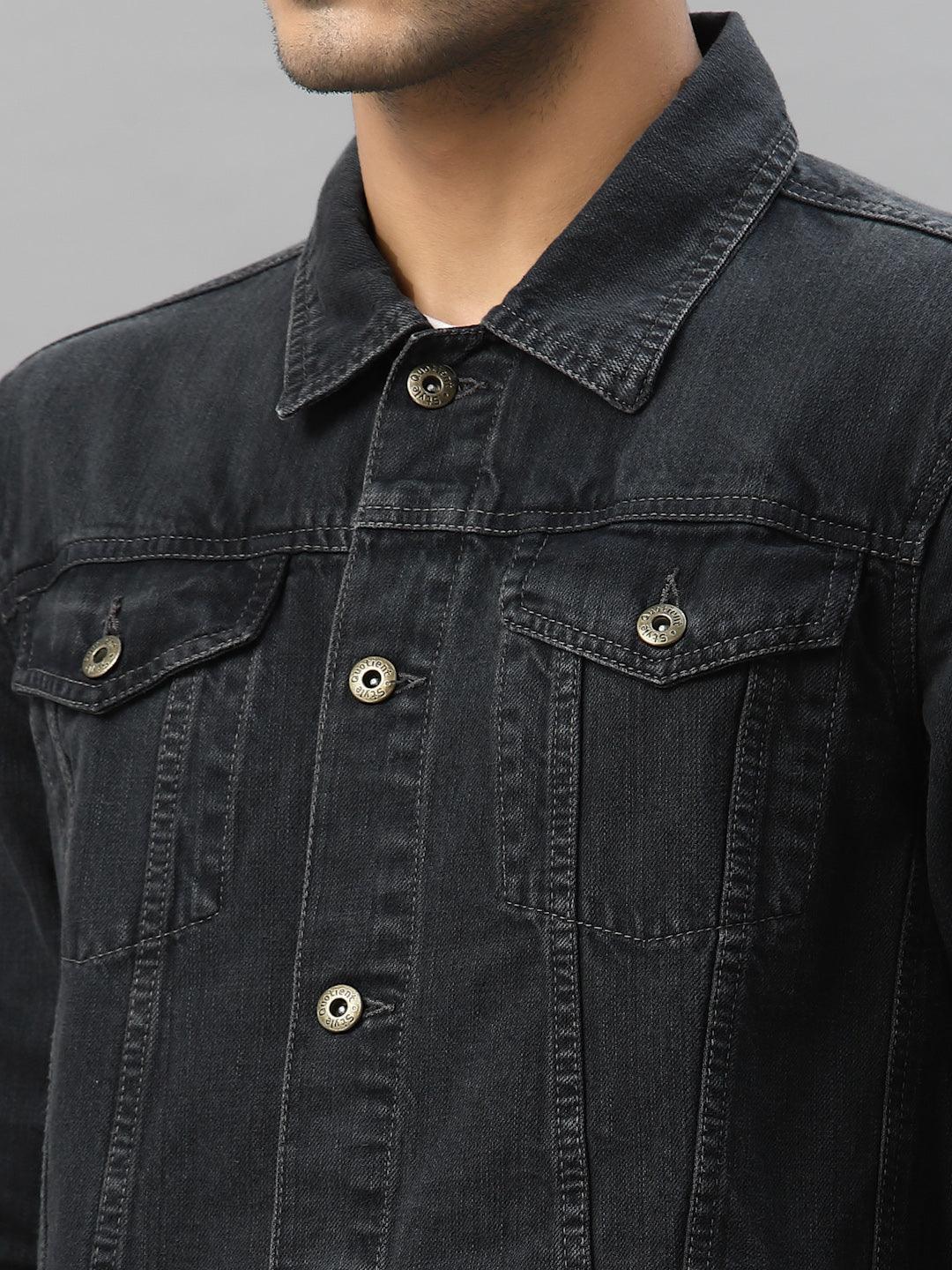 Style Quotient Men Grey Washed Lightweight Denim Jacket with Patchwork