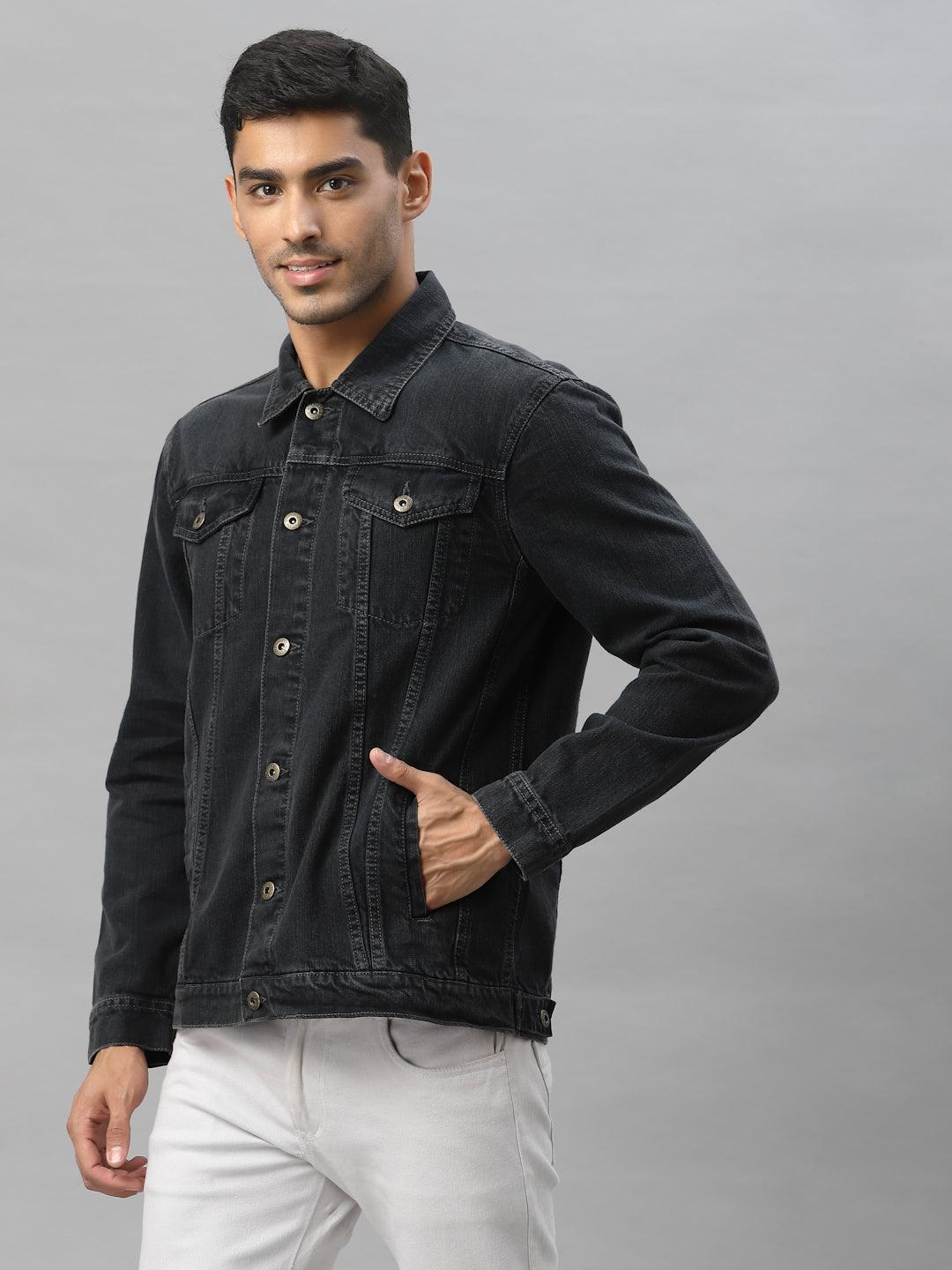 Style Quotient Men Grey Washed Lightweight Denim Jacket with Patchwork