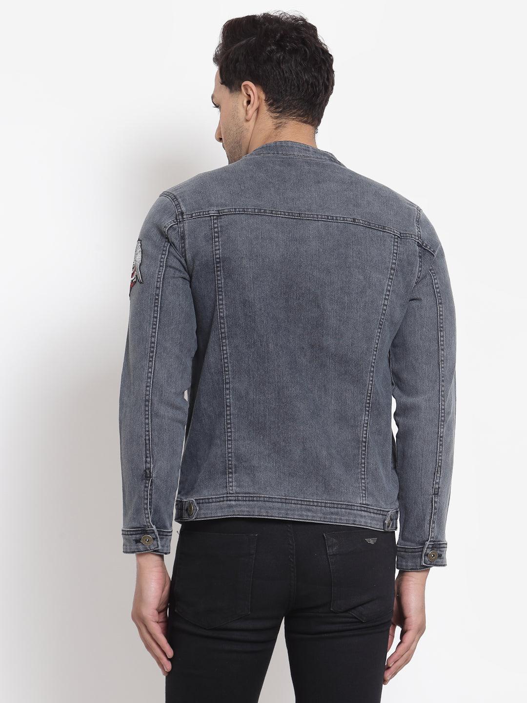 Style Quotient Men Grey Washed Denim Jacket with Embroidered