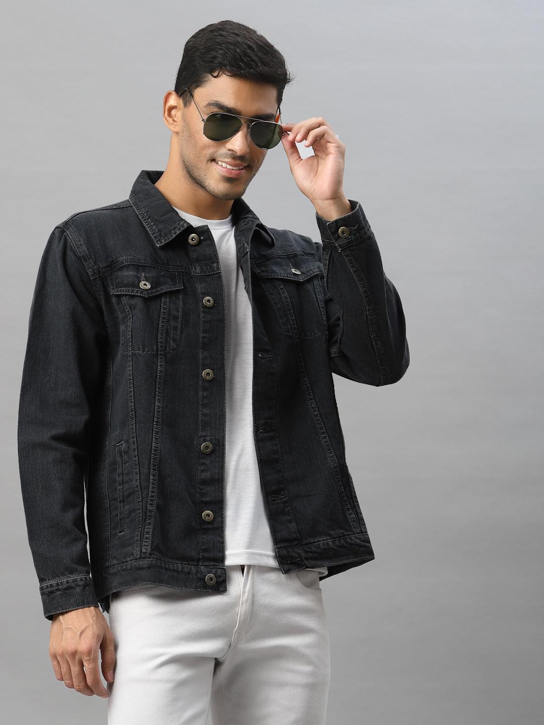 Style Quotient Men Grey Washed Lightweight Denim Jacket with Patchwork
