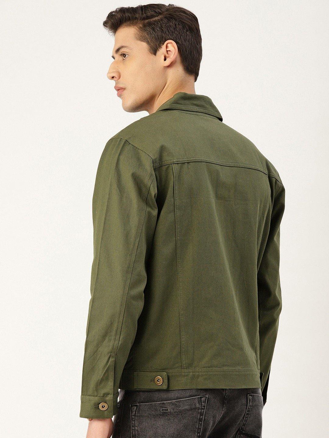 Men Olive Green Solid Denim Jacket