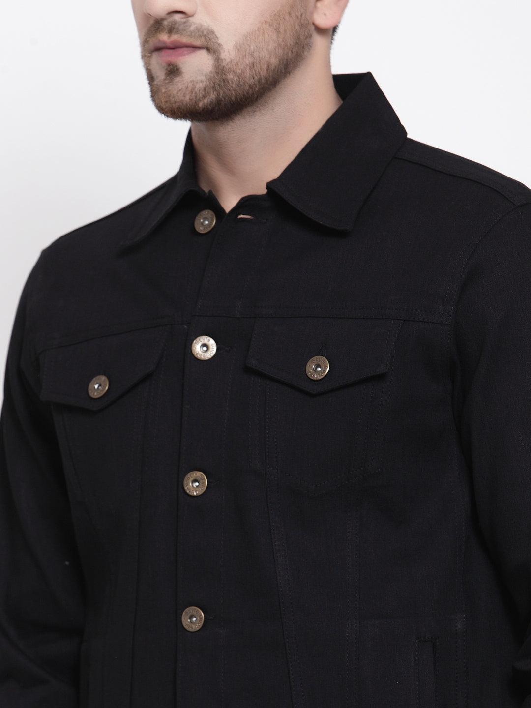 Mens Black Solid Denim Jacket