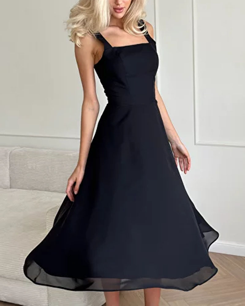 Elegant Solid Square Neck Chiffon Dress
