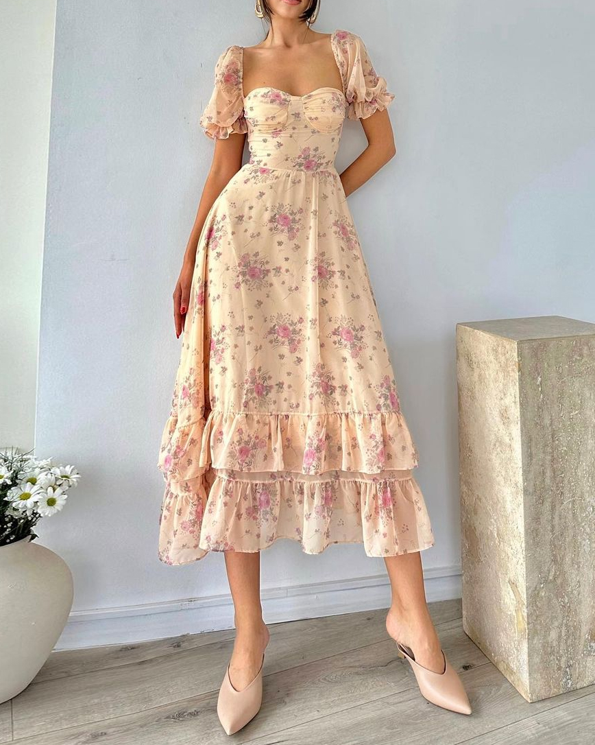 Puff Sleeve Printed Waist Dress