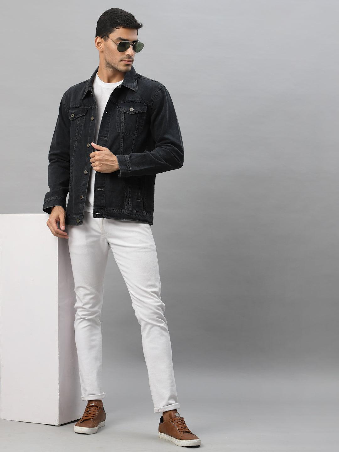 Style Quotient Men Grey Washed Lightweight Denim Jacket with Patchwork