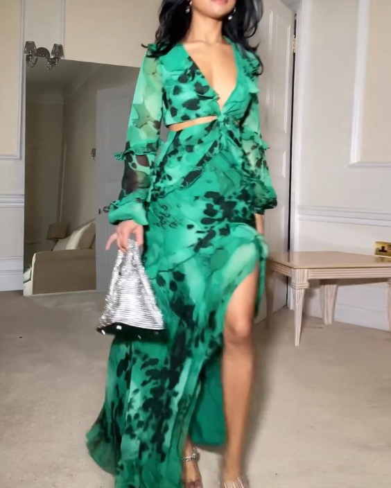 Long-sleeved cutout tie-dye print dress