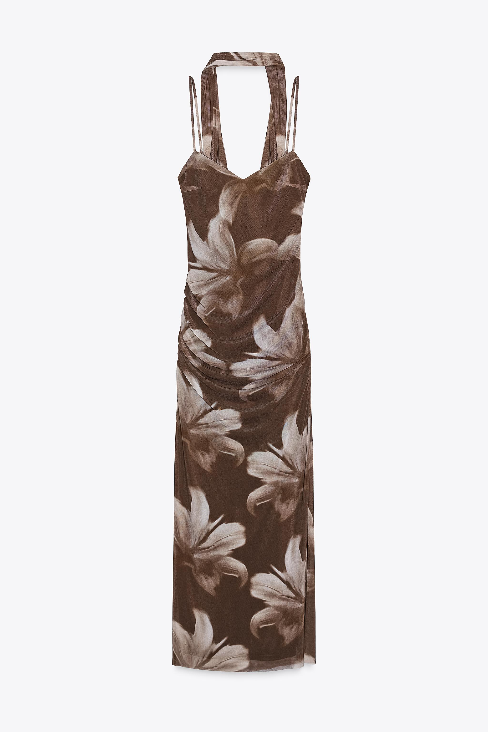 TULLE PRINT MIDI DRESS WITH FOULARD